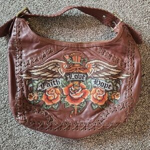 Brown Embroidered Leather Shoulder Bag
